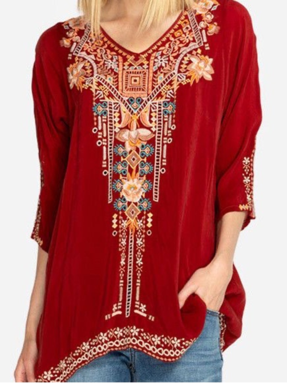 Johnny was Bohemian Embroidered V-Neck Tunic Top - Red